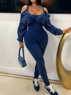 Off Shoulder Long Sleeve Ribbed Jumpsuit