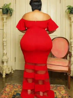 Off Shoulder Mesh Patchwork Bodycon Maxi Dress