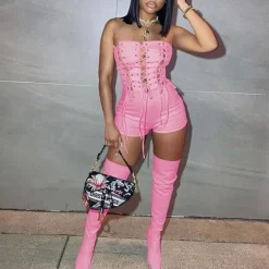 Off Shoulder Out Bandage Bodycon Short Jumpsuit