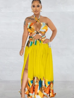 Off Shoulder Printed Patchwork Maxi Dress