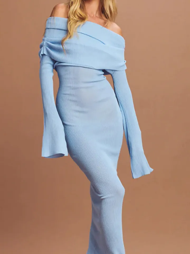 Off Shoulder Ribbed Knit Maxi Dress