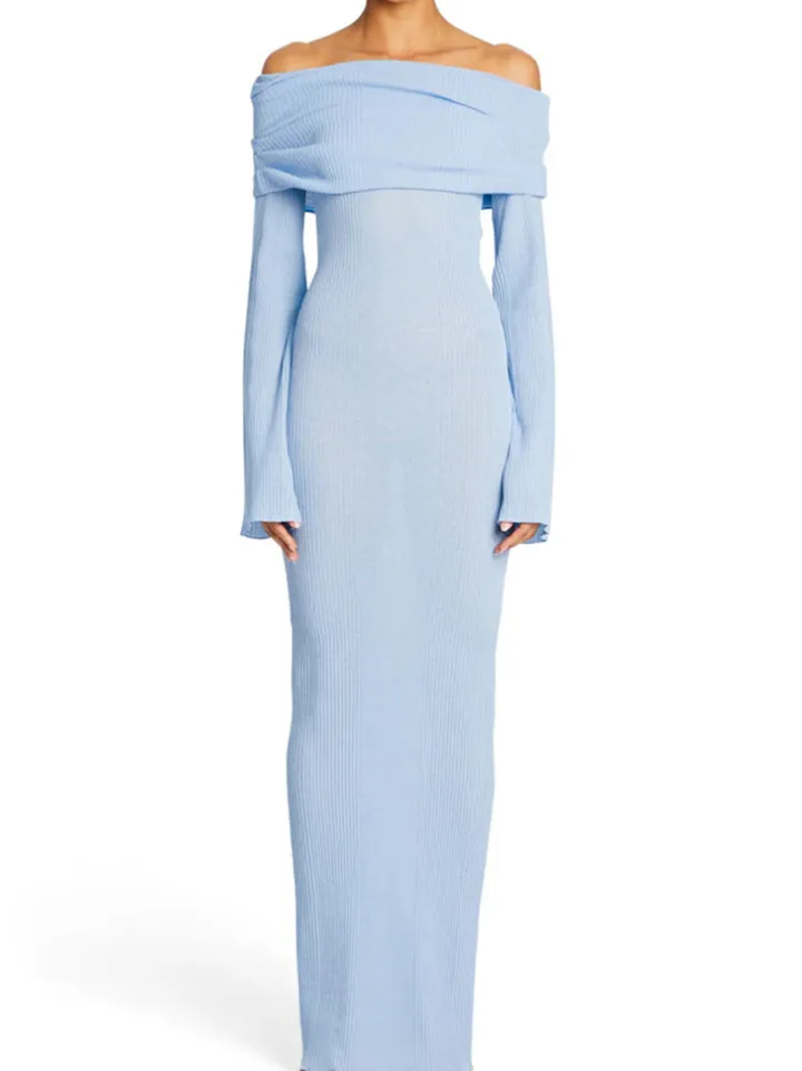 Off Shoulder Ribbed Knit Maxi Dress