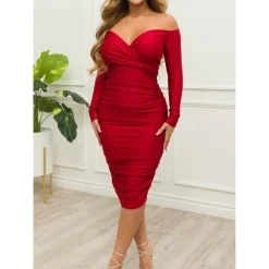 Off Shoulder Ruched Bodycon Midi Dress