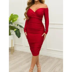 Off Shoulder Ruched Bodycon Midi Dress