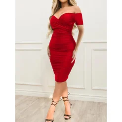Off Shoulder Ruched Short Sleeve Bodycon Dress