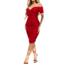 Off Shoulder Ruched Short Sleeve Bodycon Dress