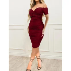 Off Shoulder Ruched Short Sleeve Bodycon Dress