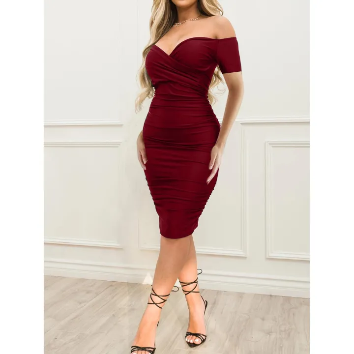 Off Shoulder Ruched Short Sleeve Bodycon Dress