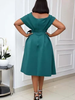 Off Shoulder Ruched Swing Midi Dress