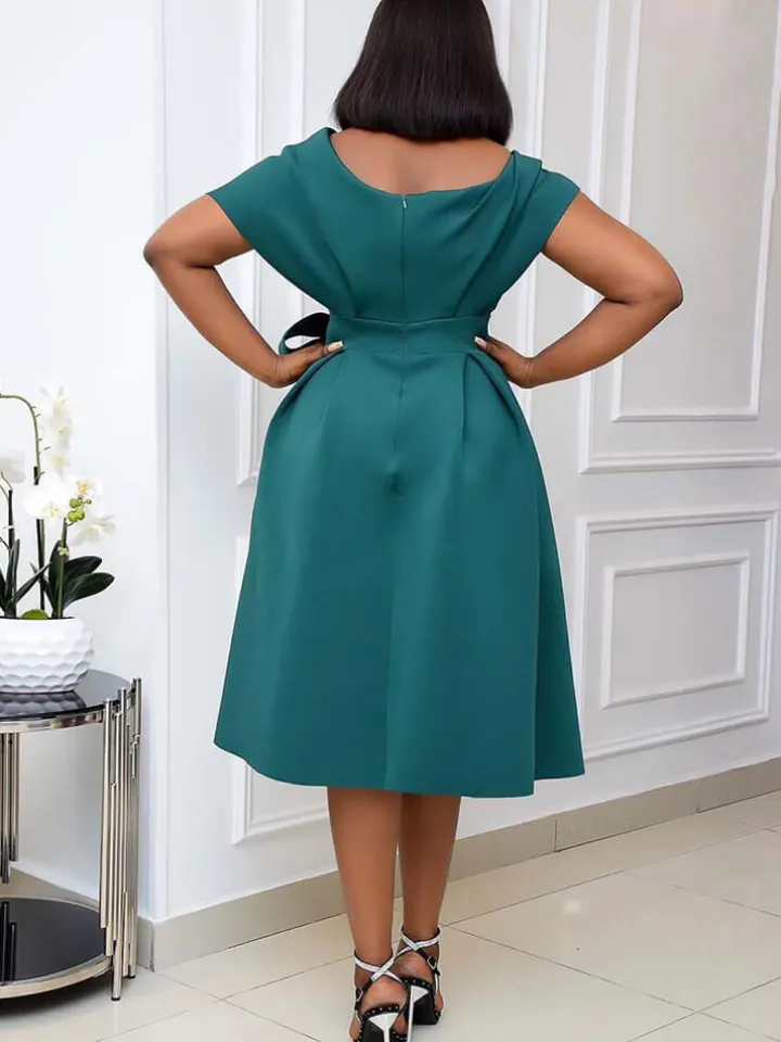 Off Shoulder Ruched Swing Midi Dress