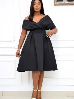 Off Shoulder Ruched Swing Midi Dress