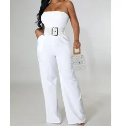 Off Shoulder Strapless Belted Wide Leg Jumpsuit