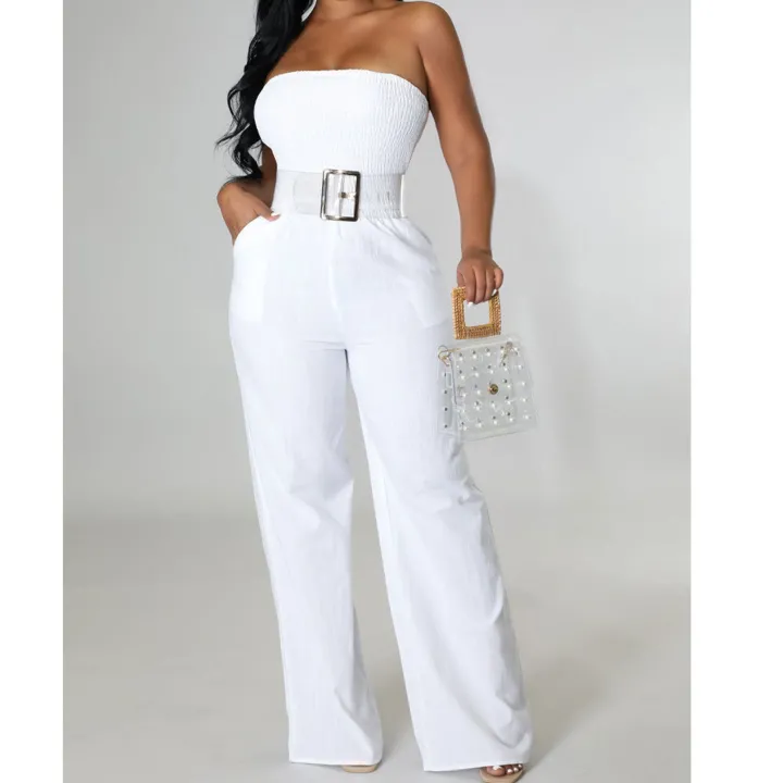 Off Shoulder Strapless Belted Wide Leg Jumpsuit
