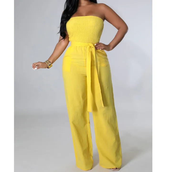 Off Shoulder Strapless Belted Wide Leg Jumpsuit