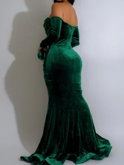 Off Shoulder Velvet Split Maxi Dress