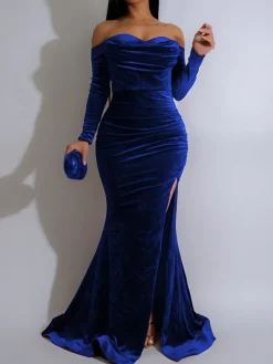 Off Shoulder Velvet Split Maxi Dress