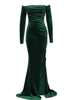 Off Shoulder Velvet Split Maxi Dress