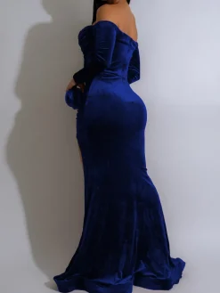 Off Shoulder Velvet Split Maxi Dress
