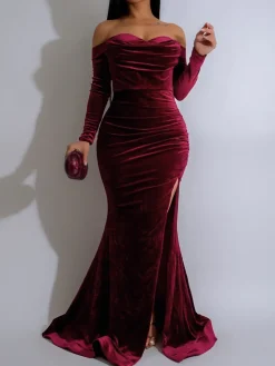 Off Shoulder Velvet Split Maxi Dress