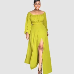 Off-Shoulder Crop Top Split Skirt Set