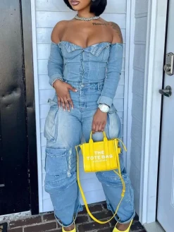 Off-Shoulder Pockets Denim Jumpsuit