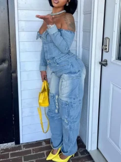 Off-Shoulder Pockets Denim Jumpsuit