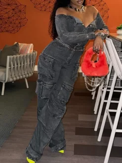 Off-Shoulder Pockets Denim Jumpsuit