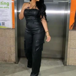 Off-shoulder PU Leather Jumpsuit