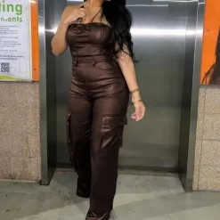 Off-shoulder PU Leather Jumpsuit