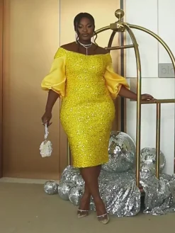 Off-Shoulder Puff Sleeves Sequin Midi Dress
