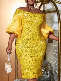 Off-Shoulder Puff Sleeves Sequin Midi Dress