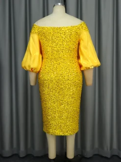 Off-Shoulder Puff Sleeves Sequin Midi Dress