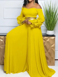 Off-Shoulder Ruffle Pleated Wide Leg Jumpsuit