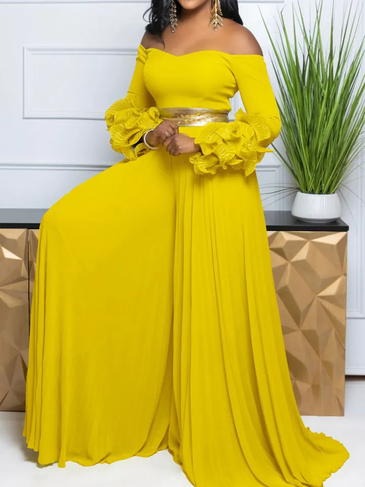 Off-Shoulder Ruffle Pleated Wide Leg Jumpsuit