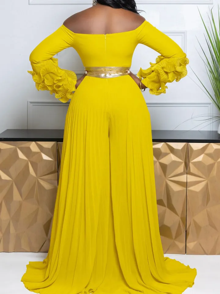 Off-Shoulder Ruffle Pleated Wide Leg Jumpsuit