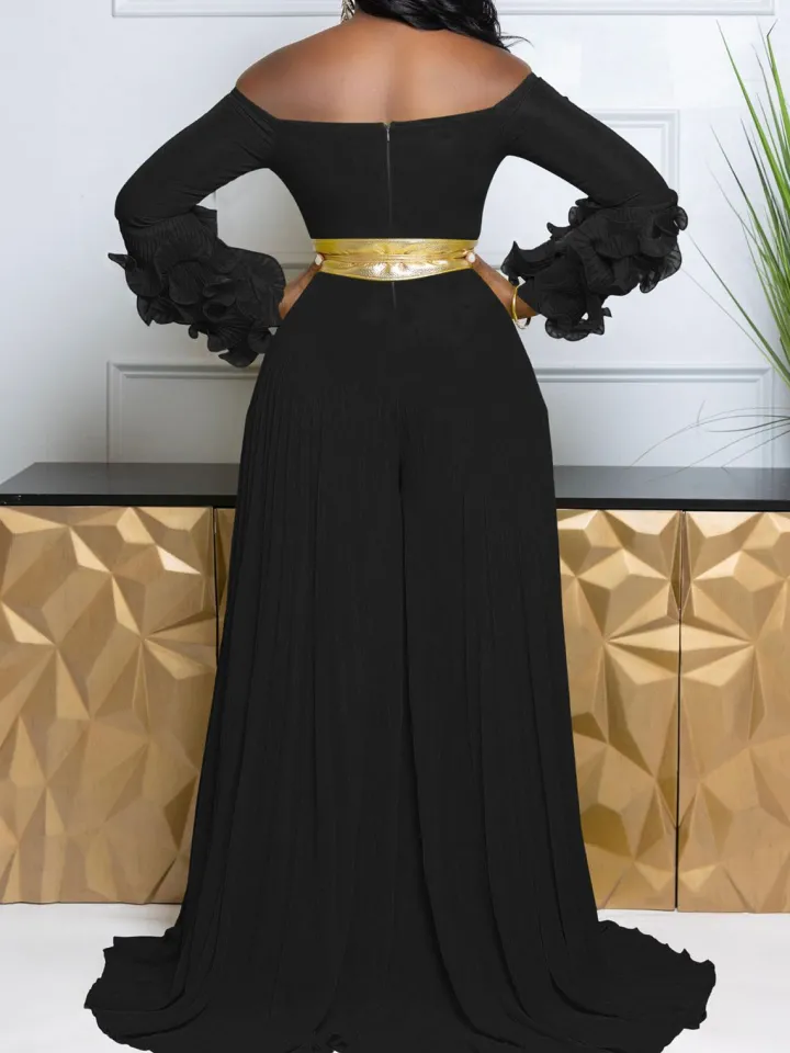 Off-Shoulder Ruffle Pleated Wide Leg Jumpsuit