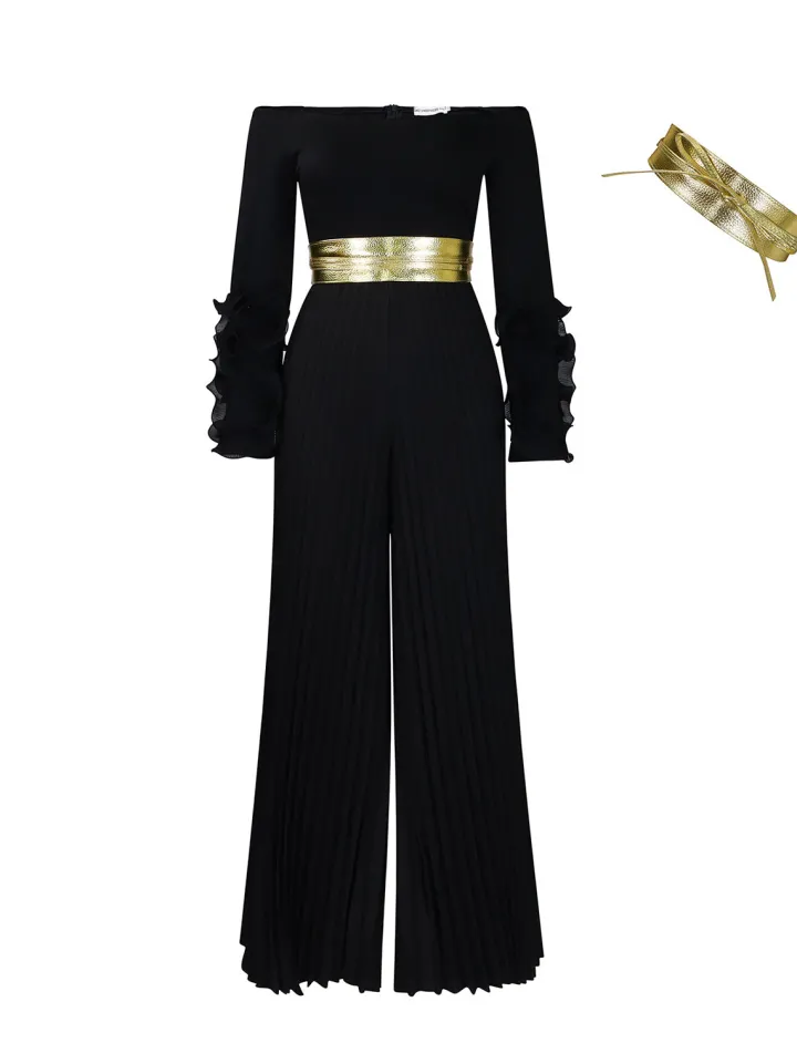 Off-Shoulder Ruffle Pleated Wide Leg Jumpsuit