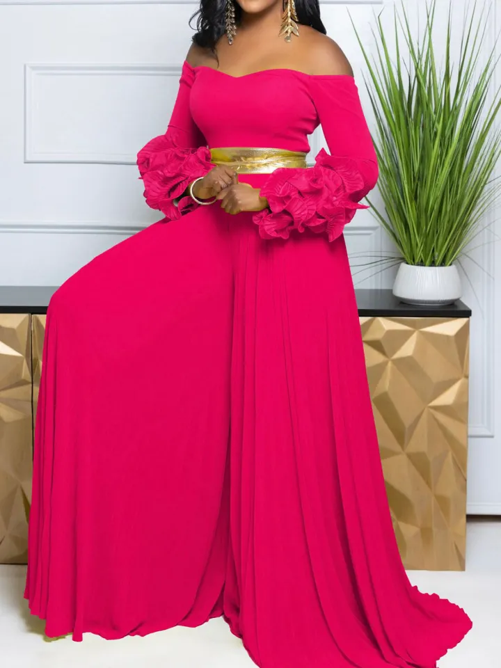 Off-Shoulder Ruffle Pleated Wide Leg Jumpsuit