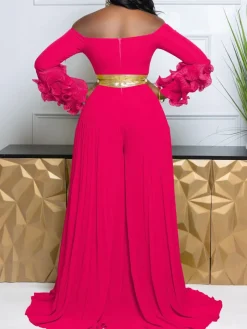 Off-Shoulder Ruffle Pleated Wide Leg Jumpsuit