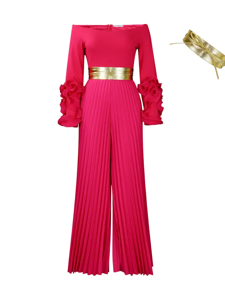 Off-Shoulder Ruffle Pleated Wide Leg Jumpsuit