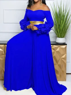 Off-Shoulder Ruffle Pleated Wide Leg Jumpsuit