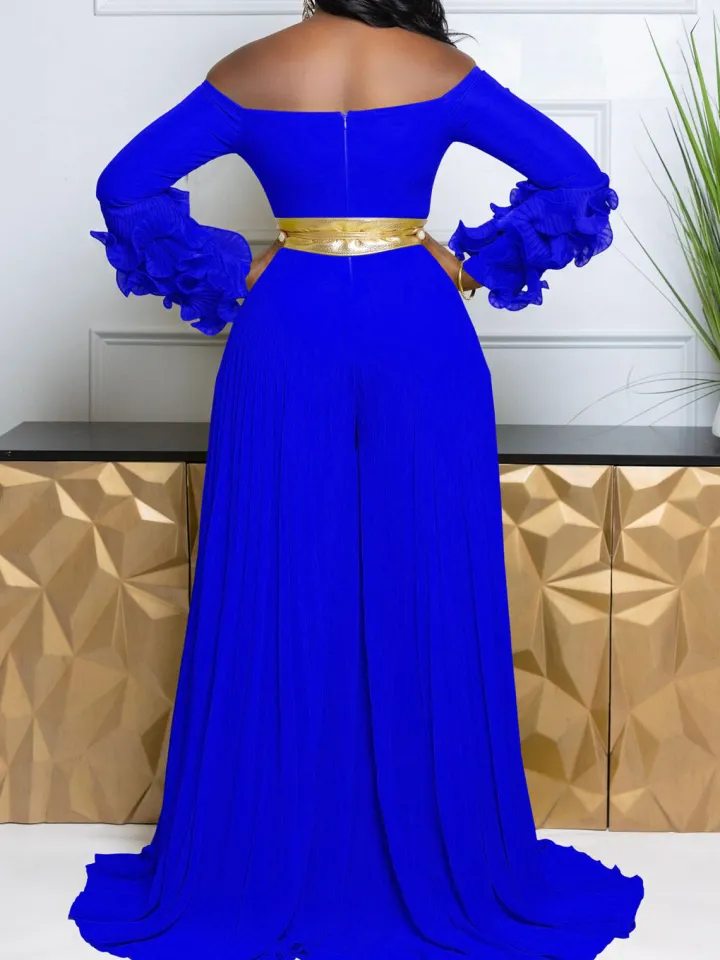 Off-Shoulder Ruffle Pleated Wide Leg Jumpsuit