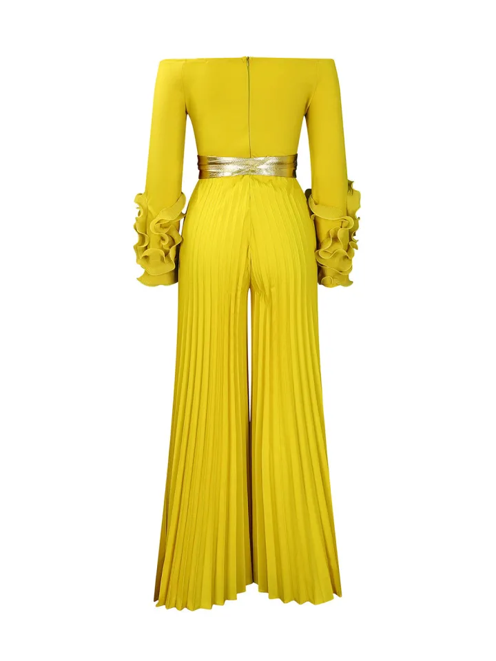 Off-Shoulder Ruffle Pleated Wide Leg Jumpsuit