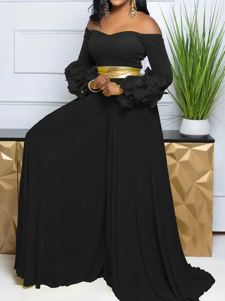 Off-Shoulder Ruffle Pleated Wide Leg Jumpsuit