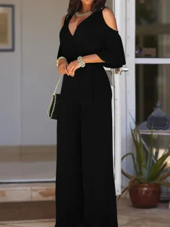 Off-Shoulder Solid Color Wide-Leg Jumpsuit