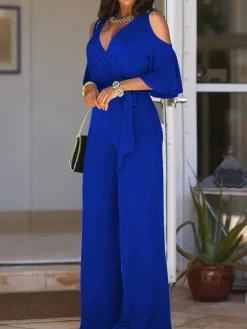 Off-Shoulder Solid Color Wide-Leg Jumpsuit