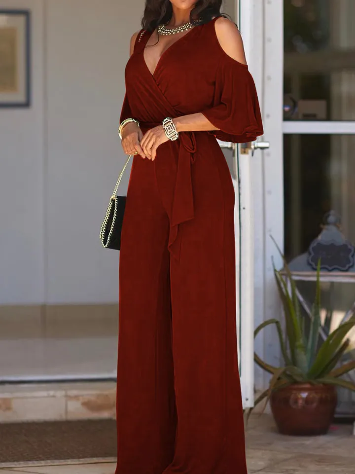 Off-Shoulder Solid Color Wide-Leg Jumpsuit