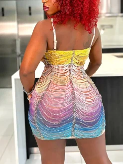 Ombre Color Tassel Rhinestone Mini Dress