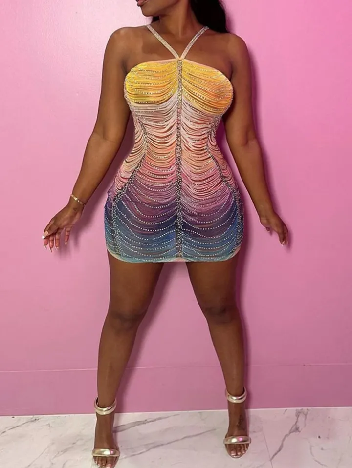 Ombre Color Tassel Rhinestone Mini Dress