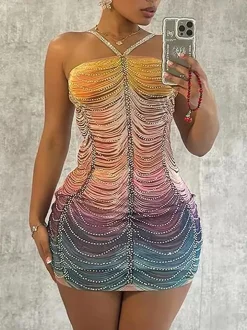 Ombre Color Tassel Rhinestone Mini Dress